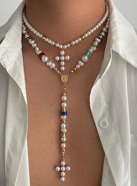 2Pcs/Se Hiphop Punk Imiaion Pearl Cross Pendan Necklace for