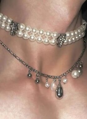 Y2K Gohic Double Layered Pearls Cross Necklace for Women Men