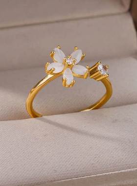 Flower Opal Rings for Women Cubic Zirconia Stainless Steel R