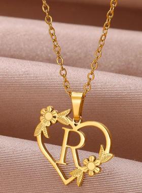 Gold Color Dainty Flower Initials Necklace Women Girl Stainl