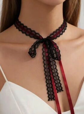 Dark Black Lace Bow Kno Necklaces for Women Girls Hi Hop Y2K