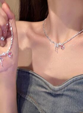Y2K ndy Bowkno Necklace Pink Zircon Clavicle Chain Bracele f