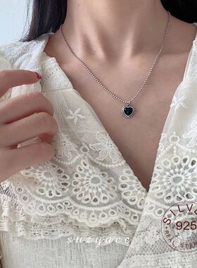 Kpop Black Hear Necklace French Meal Love Clavicle Chain Kor