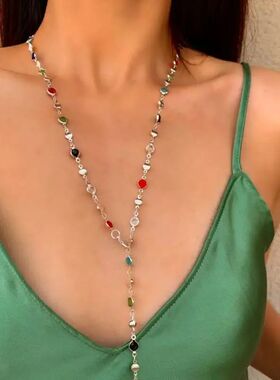 Vinage Colorful Rhinesone Long Tassel Necklace for Women Cha