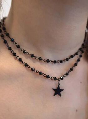 Y2K Punk Double Layered Black Crysal Bead Necklace for Women