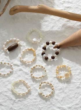Korean Retro Natural Pearl Shell Beaded Ring For Women Fashi