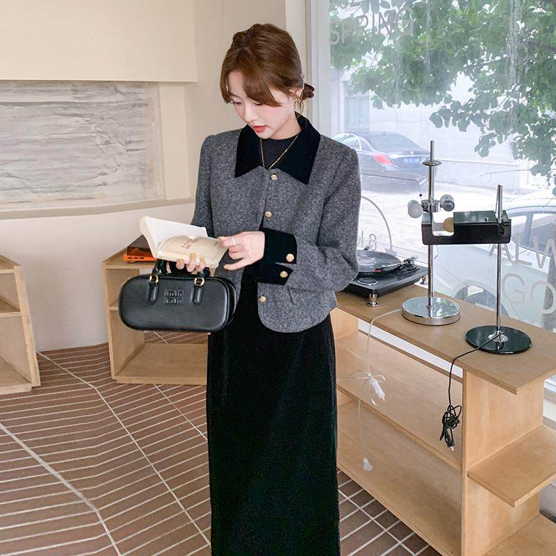 2024冬季新款长袖羽绒外套丝绒半身裙两件套女毛呢小香风套装洋气,淘宝优惠券,粉丝福利购,淘宝优惠卷