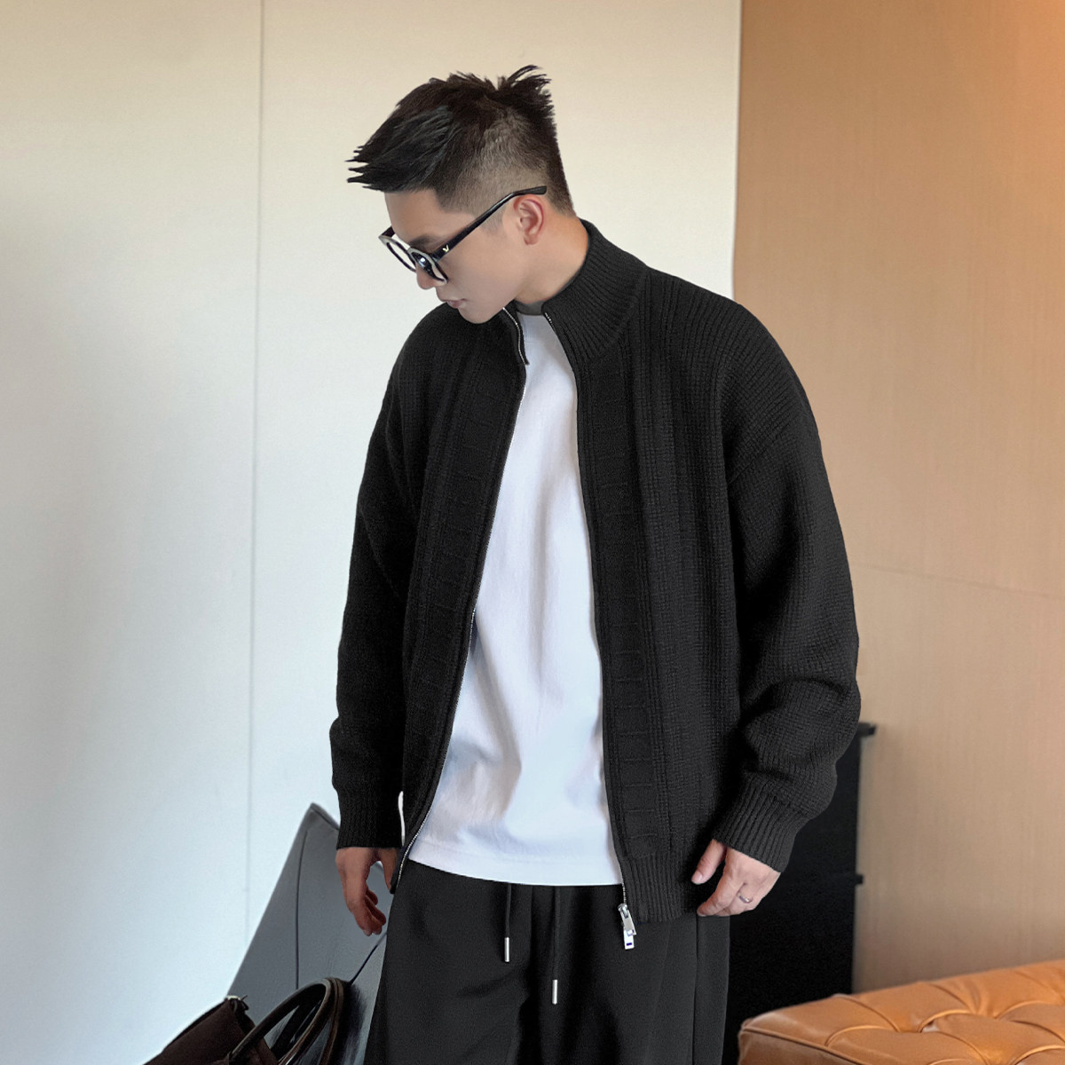 二十二号穿搭华夫格肌理感开衫毛衣男士秋冬慵懒风保暖针织衫外套,淘宝优惠券,粉丝福利购,淘宝优惠卷