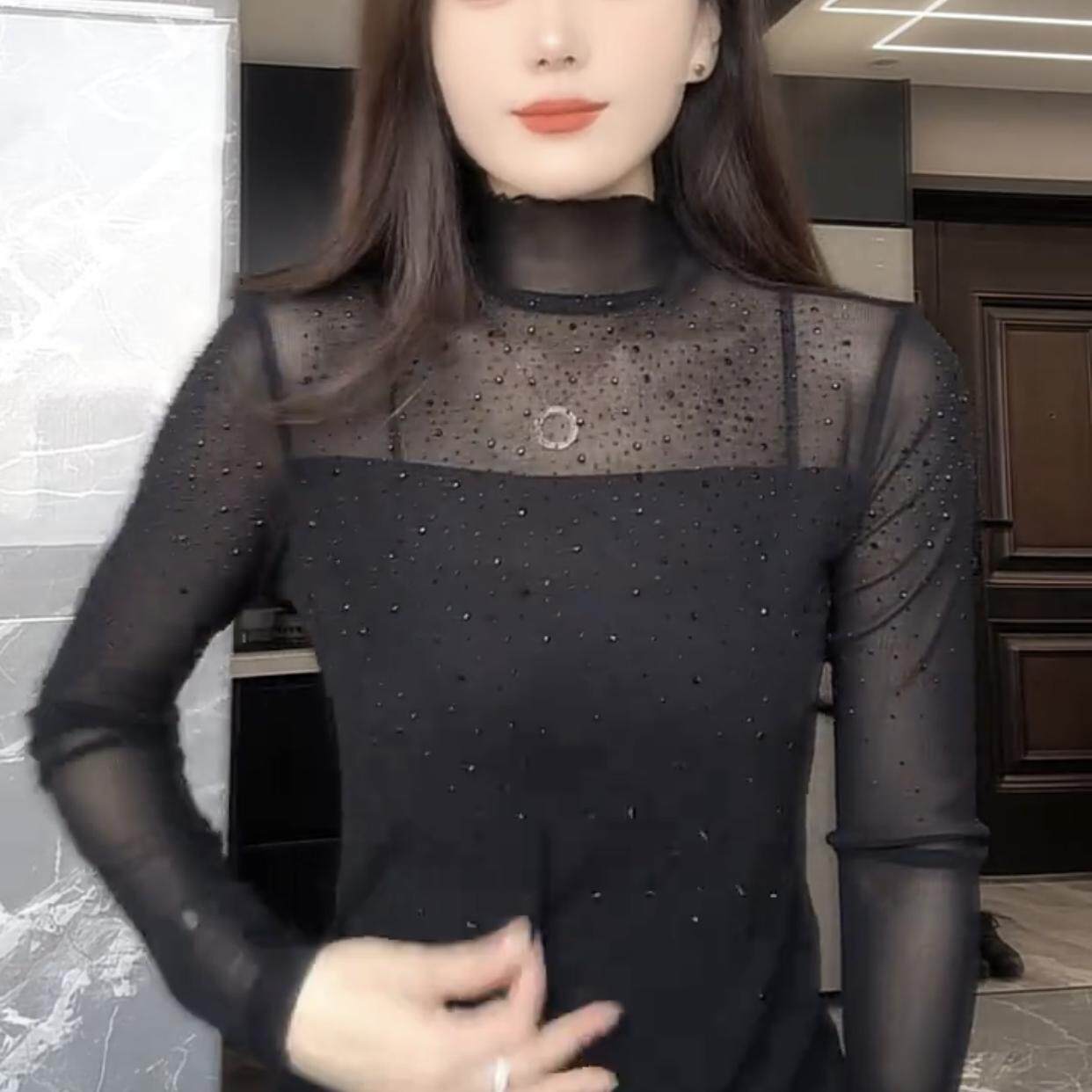 网纱拼接半高领烫钻打底衫女春季新款性感微透内搭长袖t恤ins上衣