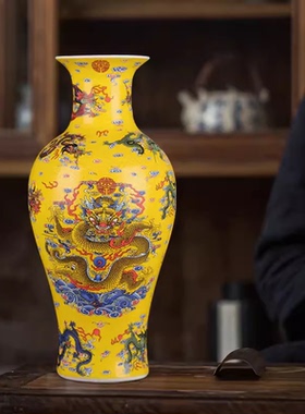 景德镇陶瓷花瓶夜光九龙鱼尾瓶中式家居装饰品客厅博古架仿古摆件