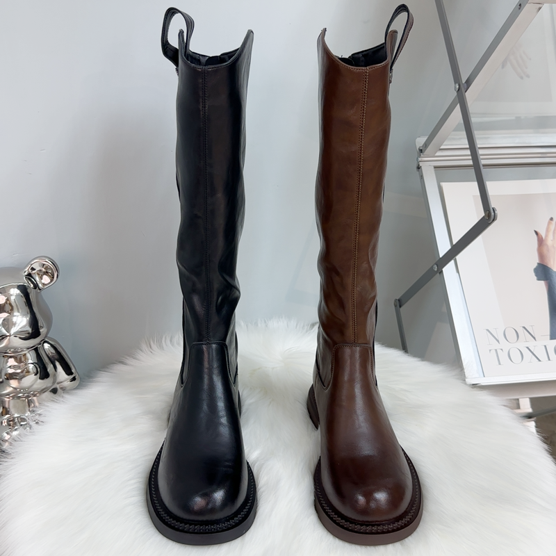 2025年新款女秋冬美拉德风平底大码加肥后拉链骑士靴英伦风长筒靴,淘宝优惠券,粉丝福利购,淘宝优惠卷