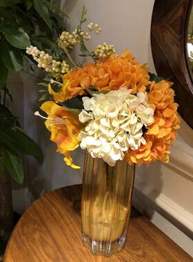 高端橘色整体花艺套装橙色仿真花百合绣球花艺客厅样板间装饰花
