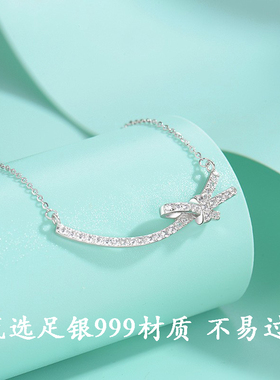 S999纯足银微笑蝴蝶结项链简约轻奢小众生日礼物情人节送女朋友