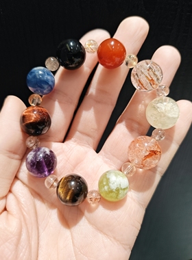 13m蓝晶石黄水晶虎眼玛瑙银钥匙发晶胶花青提奶盖紫水晶多宝手串