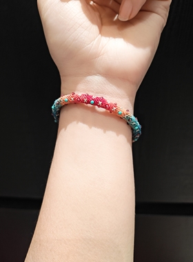 纯手编彩色回纹配菱镁矿石榴石10m高含量朱砂水飞沙六字手串手镯