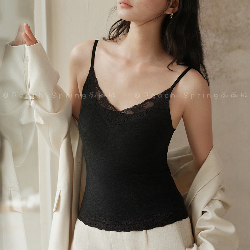 蚕丝暖衣~免穿Bra热能保暖加绒背心纯欲蕾丝细肩带无痕美背文胸