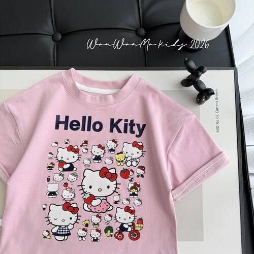 【夏季新品】2026夏季t恤女童粉色KT短袖韩版洋气甜美短袖DDT271 - 图1