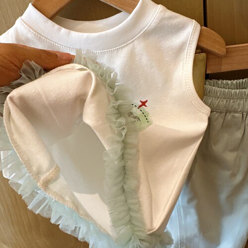 HHkids女童拼接背心花边套装2026款小清新洋气阔腿裤两件套ATZ630 - 图2