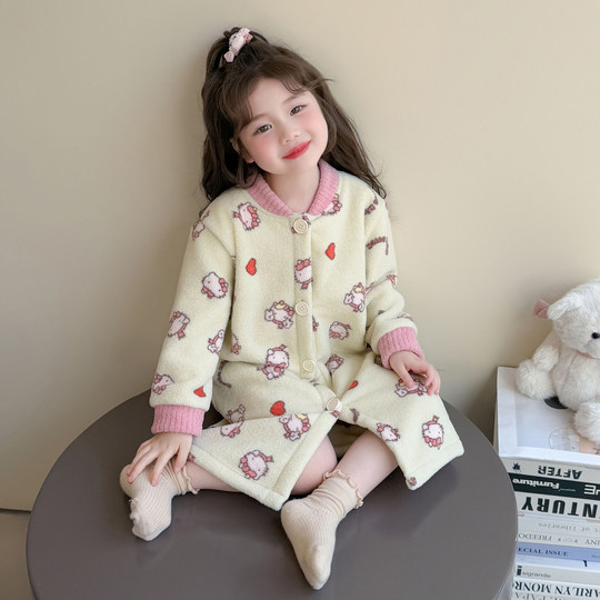 女童睡袍2025新款法兰绒保暖秋冬季女孩女宝宝儿童家居袍加厚冬装