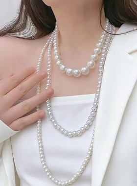 欧美轻奢风叠戴多层珍珠项链女韩简约长款百搭装饰毛衣链街拍配饰