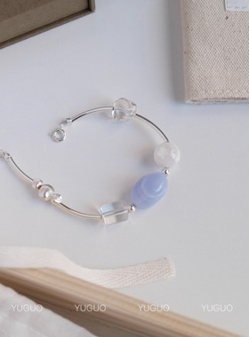 原创清新蓝色水晶玛瑙银串珠手工手链自制手串限量YUGUO余果自制