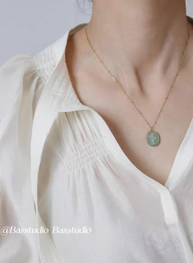 Basstudio 不掉色蓝绿紫彩色贝壳郁金香花朵复古项链 钛钢镀18K金