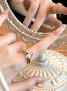 Basstudio法式复古马眼锆石戒指女小众轻奢高级感指环钛钢镀18k