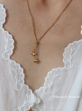 Basstudio 原创钛钢项链女爱心流苏双心形吊坠真空电镀简约锁骨链