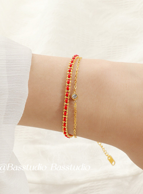 Basstudio 本命年双层单钻红绳手链女钛钢小众国风叠戴编织手绳