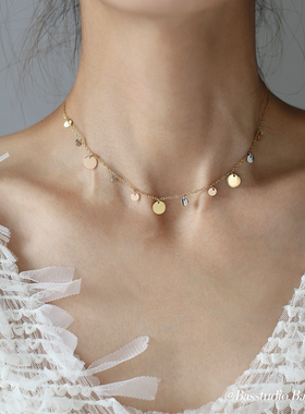 Basstudio原创INS风简约亮片圆形锁骨链钛钢金色三色玫瑰金项链