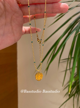 Basstudio森系热带植物树叶元素棕榈叶项链滴油彩珠链钛钢锁骨链