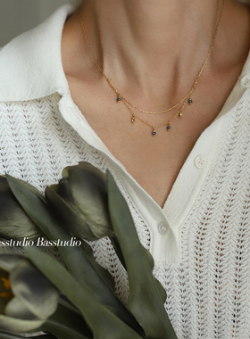 Basstudio古董蓝珠吊坠叠戴复古彩石轻奢项链锁骨链 钛钢镀18K金