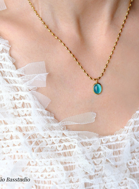 Basstudio不掉色碧色猫眼石椭圆轻奢简约项链 钛钢镀18K金锁骨链