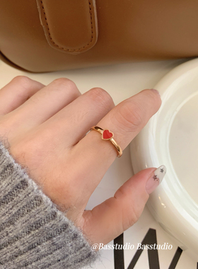 Basstudio不掉色红色爱心戒指女轻奢小众设计ins潮食指戒简约百搭