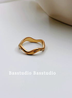 Basstudio 钛钢不掉色复古金色拉丝波浪戒指女轻奢八星芒小众设计
