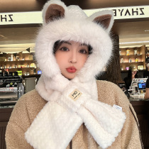 Fox Ears Hat Scarves INTEGRATED HAT WOMEN WINTER CUTE PLUSH FURRY ANIMALS ADD TO THE NECK TWO SETS