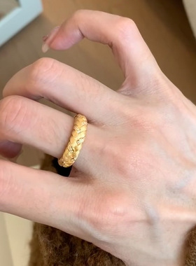 中古风vintage~高级质感闪钻复古拉丝宽版戒指小众设计轻奢可调节