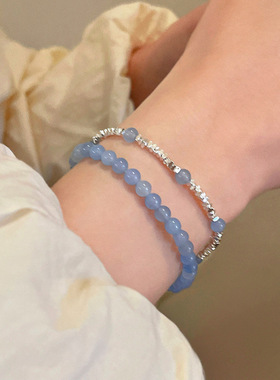 冷淡风手工蓝色天然石碎银手链女双层叠戴小众高级感轻奢简约手链