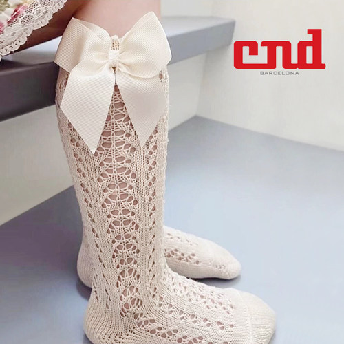 西班牙Condor女童镂空中筒袜春夏款侧边蝴蝶结宝宝糖果色透气短袜 - 图0