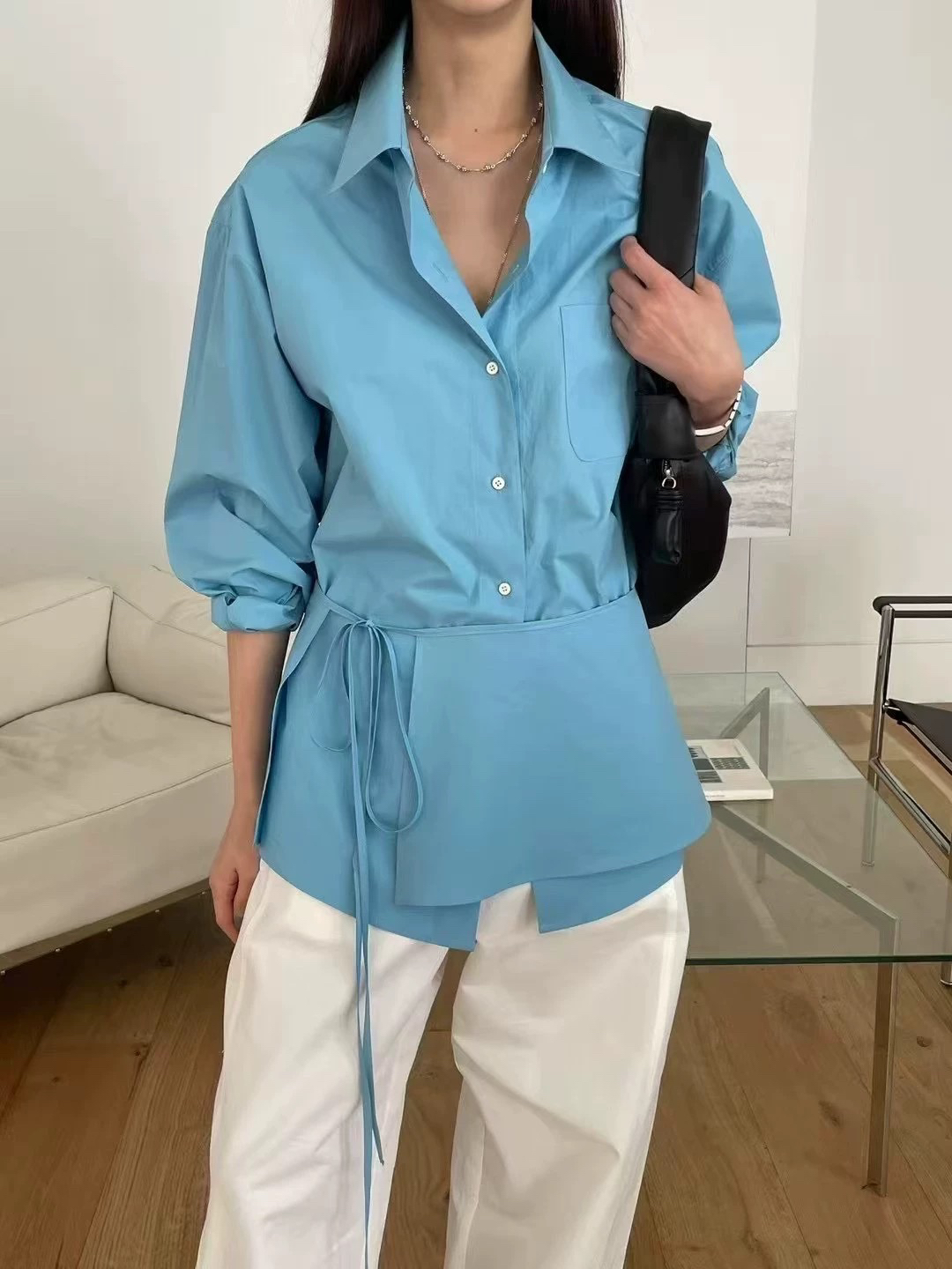 现货atmosphere韩国东大门2025春设计师款翻领单排扣衬衫上衣 - 图0