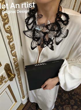 原创设计法式复古黑色摩纳哥小众蝴蝶pvc项链极繁美学夸张叠戴链