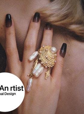 ins网红博主同款欧美风格手作金属贝壳珍珠吊坠戒指长款小众饰品