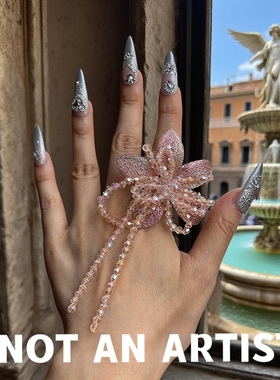 实拍罗马夏日度假风粉色刺绣花朵手工串珠水晶流水甜美小众戒指