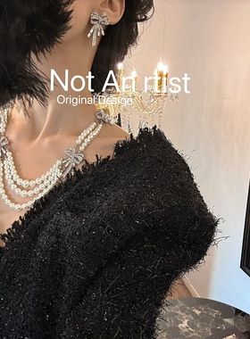 复古vintage法式珠宝美学设计宝石蝴蝶结项链多层珍珠耳环套装