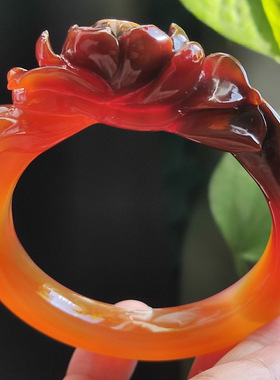 玛瑙印象 纯天然马红玛瑙雕刻手镯 绝品酒红 珍藏级 意境红荷56