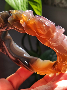 玛瑙印象 墨香牡丹 纯天然巴西多彩玛瑙雕刻手镯 浓墨重彩 精工58