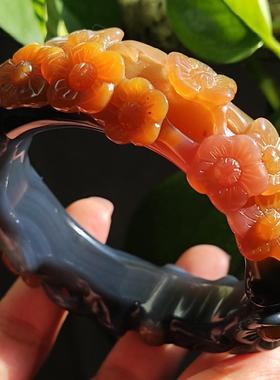 寒梅初绽 纯天然巴西老料玛瑙雕刻手镯 神秘质感墨蓝色鲜艳梅花56