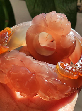 玛瑙印象 天然粉玛瑙雕刻手镯 冰透桃花粉 凤凰牡丹 收藏级套装58