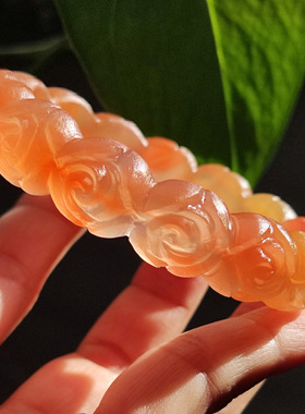 玛瑙印象 炙热玫瑰 纯天然巴西粉玛瑙雕刻手镯 满圈玫瑰花精工 56