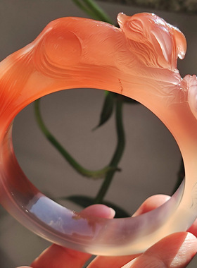 玛瑙印象 桃花粉小狐狸 天然巴西粉玛瑙雕刻手镯精工灵动九尾狐62